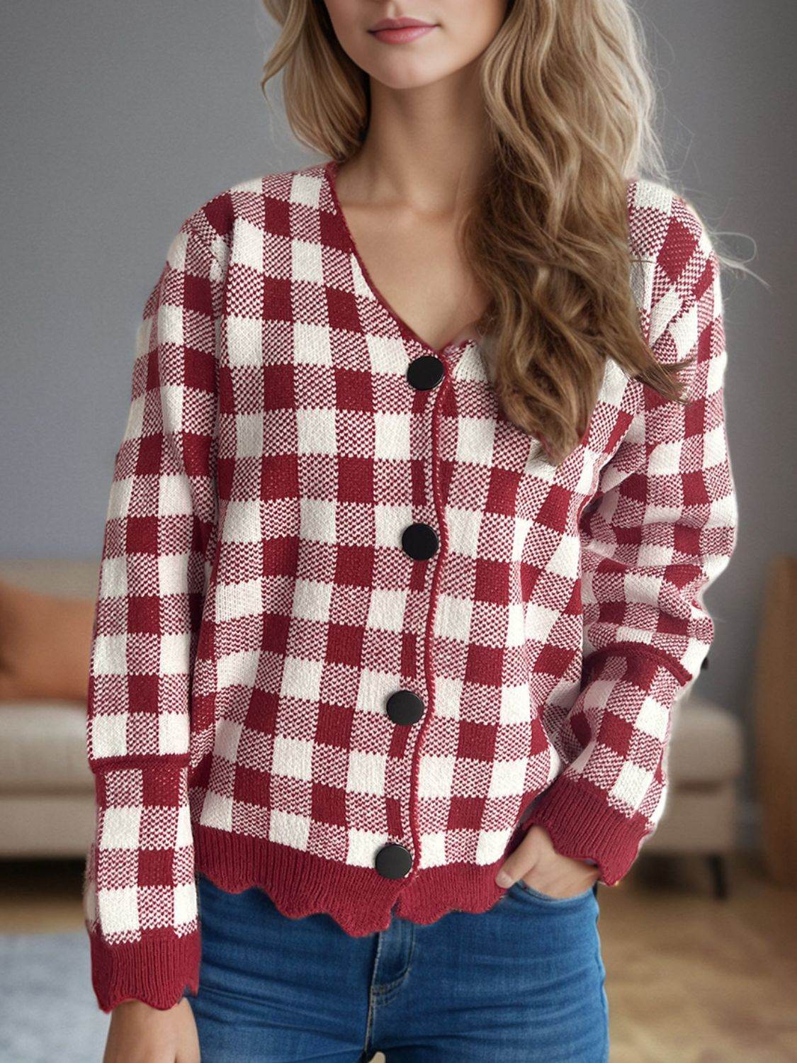 Plaid V-Neck Button Up Cardigan for a perfect OOTD – dress to impress outfits from Amexza