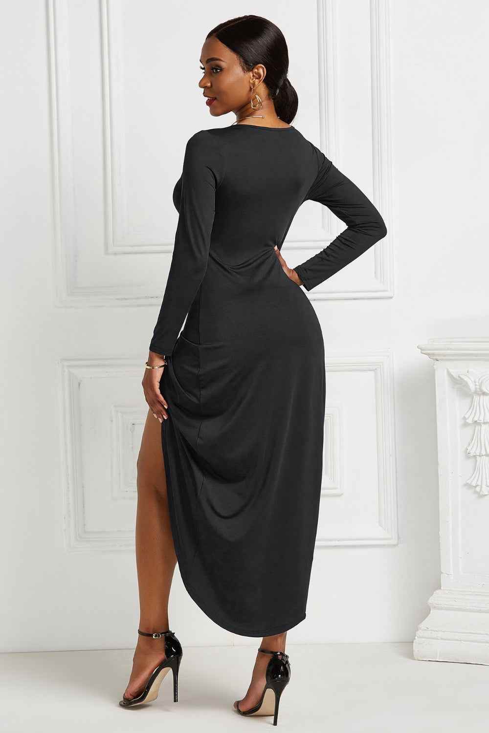 High-low Ruched Surplice Long Sleeve Dress for a perfect OOTD – dress to impress outfits from Amexza