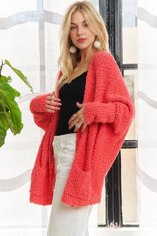 ADORA Popcorn Knit Open Front Long Sleeve Cardigan - Amexza