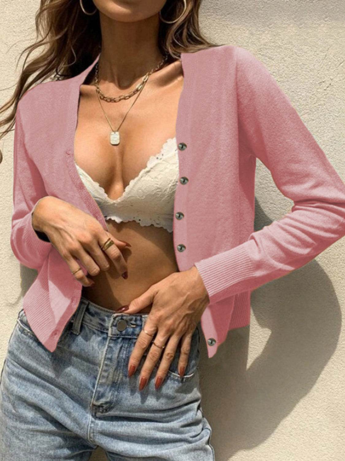 Button Up Long Sleeve Cardigan Dusty Pink for a perfect OOTD – dress to impress outfits from Amexza