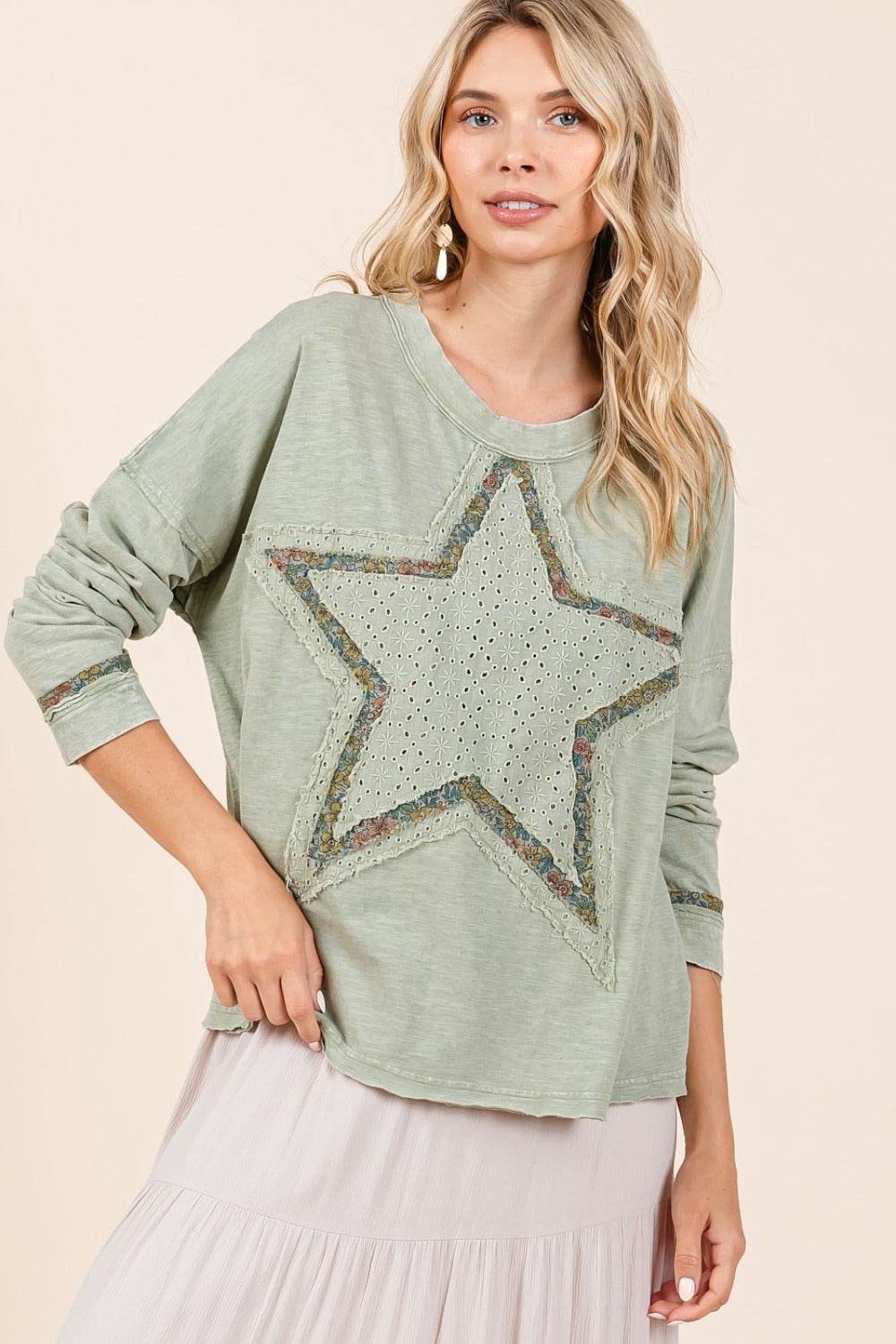 Mittoshop Mineral Wash Star Patch Long Sleeve T-Shirt Sage for a perfect OOTD – dress to impress outfits from Amexza