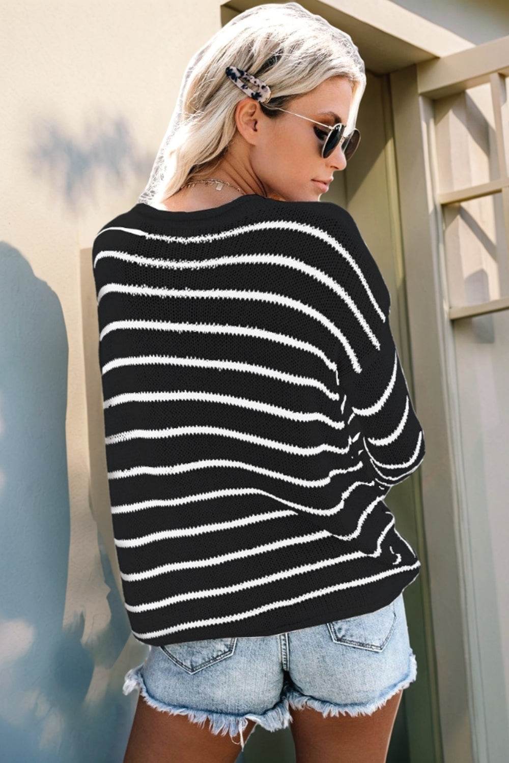 Striped Round Neck Drop Shoulder Sweater - Amexza