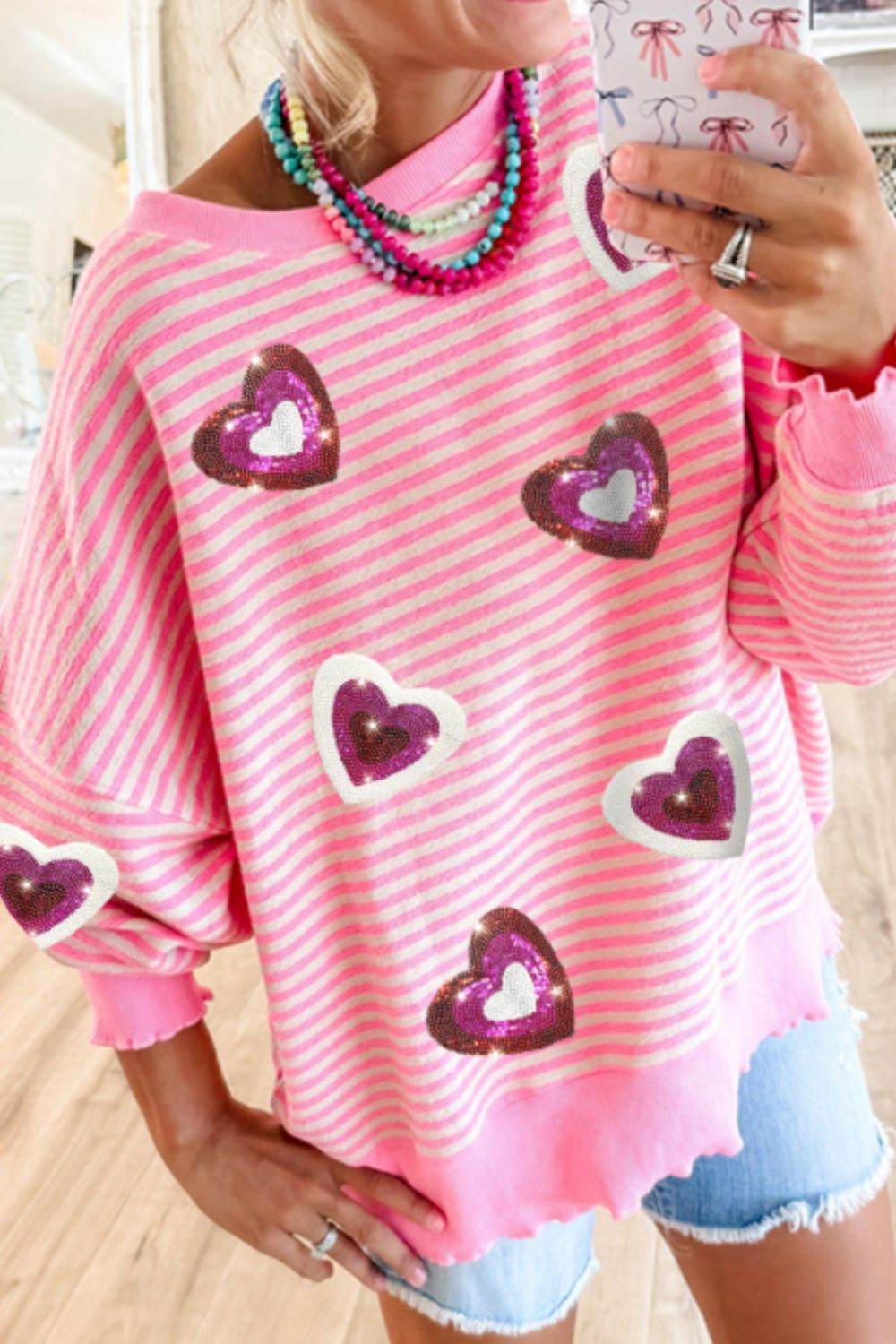 Valentine’s Day Sequin Heart Striped Round Neck Long Sleeve Sweatshirt Pink for a perfect OOTD – dress to impress outfits from Amexza