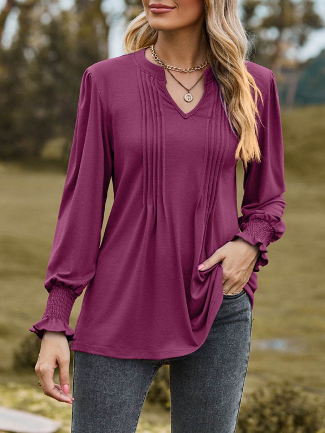 Ruched Notched Long Sleeve T-Shirt for a perfect OOTD – dress to impress outfits from Amexza