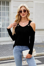 Ribbed Cold Shoulder Long Sleeve Top - Amexza