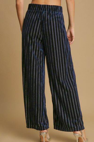 Umgee Full Size Elastic Waist Striped Wide Leg Velvet Pants for a perfect OOTD – dress to impress outfits from Amexza