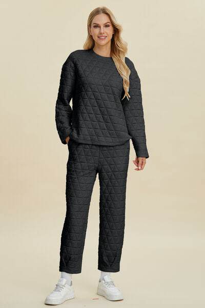 Double Take Full Size Texture Round Neck Long Sleeve Top and Pants Set - Amexza