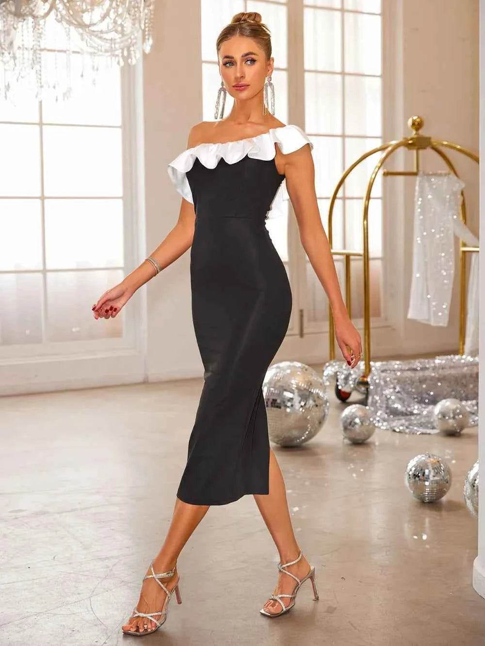 Slit Contrast Single Shoulder Midi Dress for a perfect OOTD – dress to impress outfits from Amexza