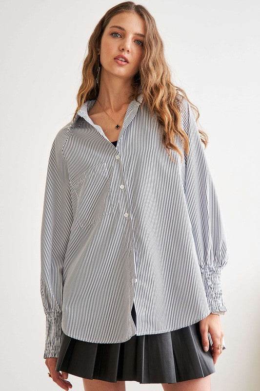 ADORA High-Low Striped Button Down Smocked Lantern Sleeve Shirt - Amexza