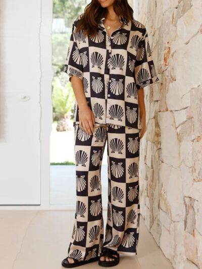 Printed Collared Neck Top and Wide Leg Pants Set for a perfect OOTD – dress to impress outfits from Amexza