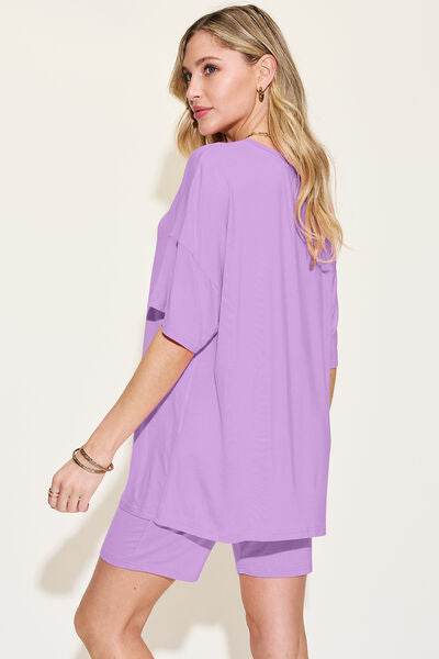 Basic Bae Bamboo Full Size V-Neck Drop Shoulder T-Shirt and Shorts Set for a perfect OOTD – dress to impress outfits from Amexza