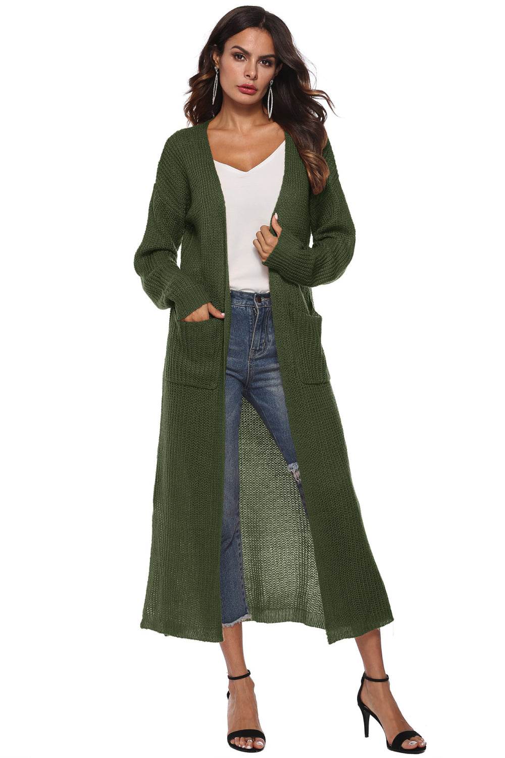 Long Sleeve Open Front Buttoned Cardigan Army Green for a perfect OOTD – dress to impress outfits from Amexza