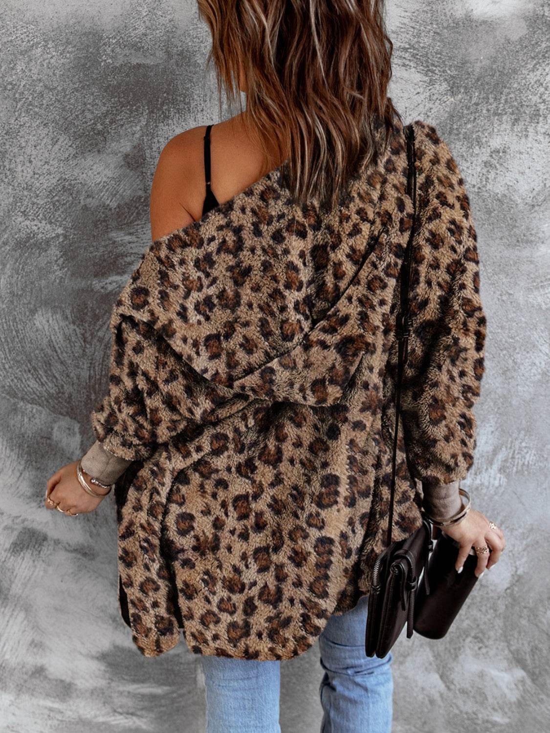 Fuzzy Leopard Long Sleeve Hooded Jacket for a perfect OOTD – dress to impress outfits from Amexza