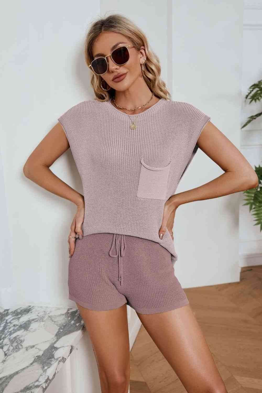 Round Neck Knit Top and Drawstring Shorts Set Light Mauve for a perfect OOTD – dress to impress outfits from Amexza