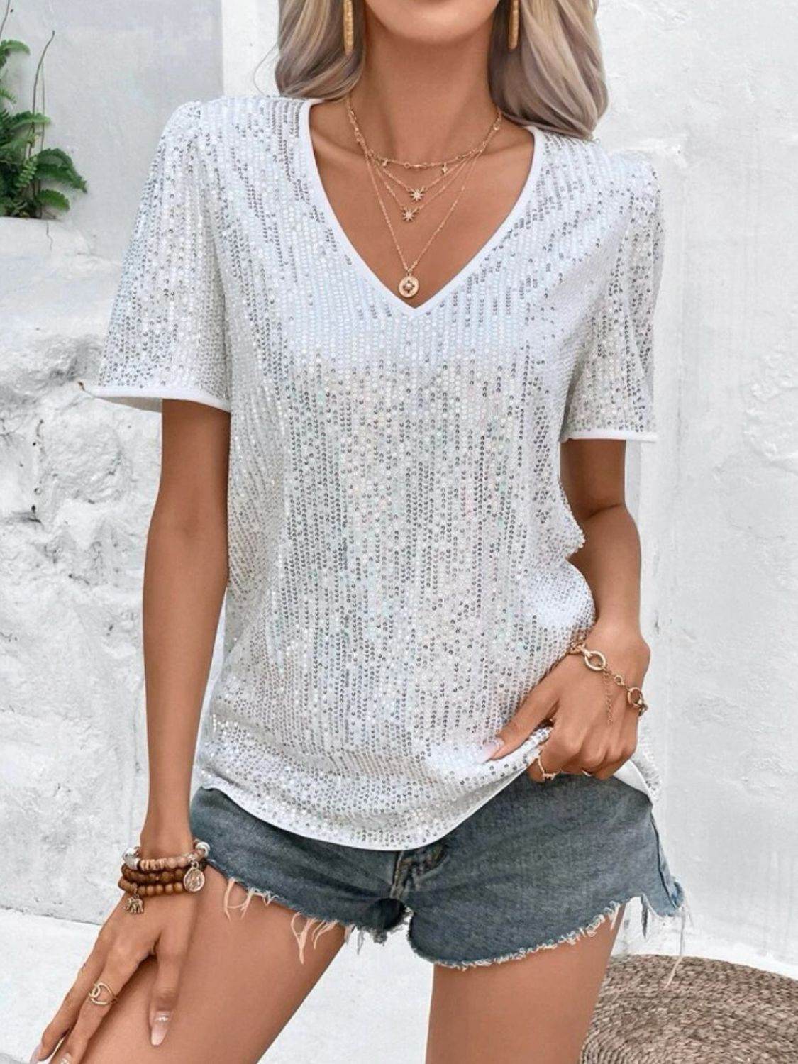 Sequin Round Neck Short Sleeve Top for a perfect OOTD – dress to impress outfits from Amexza