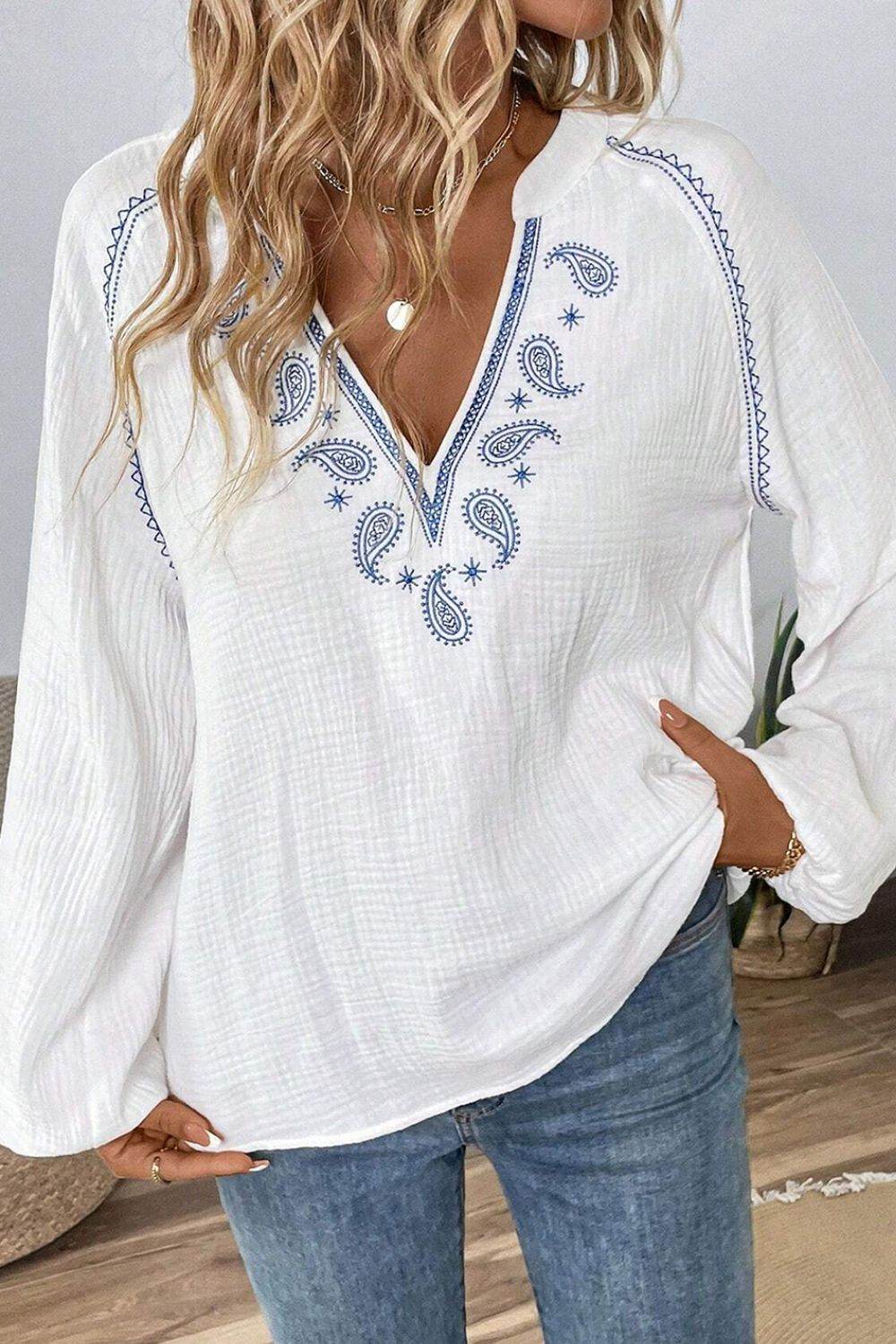 Embroidered Notched Long Sleeve Blouse White for a perfect OOTD – dress to impress outfits from Amexza