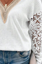Plus Size Waffle-Knit Crochet V-Neck Blouse - Amexza