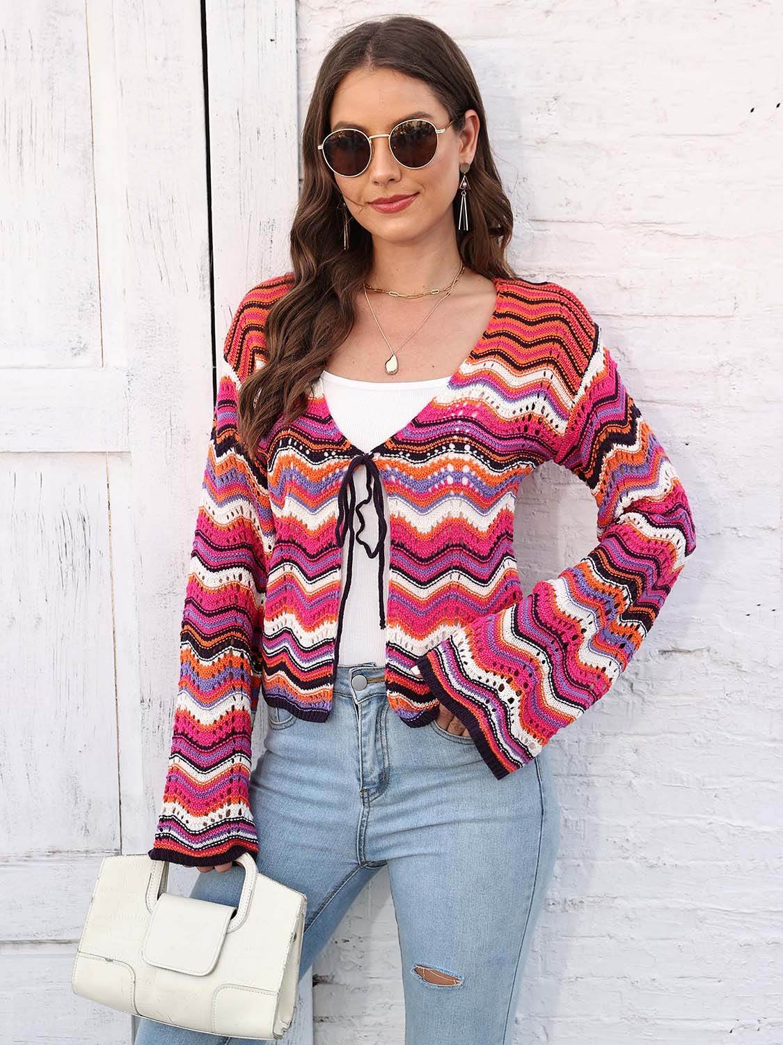 Striped Openwork Tied Cardigan Deep Rose for a perfect OOTD – dress to impress outfits from Amexza