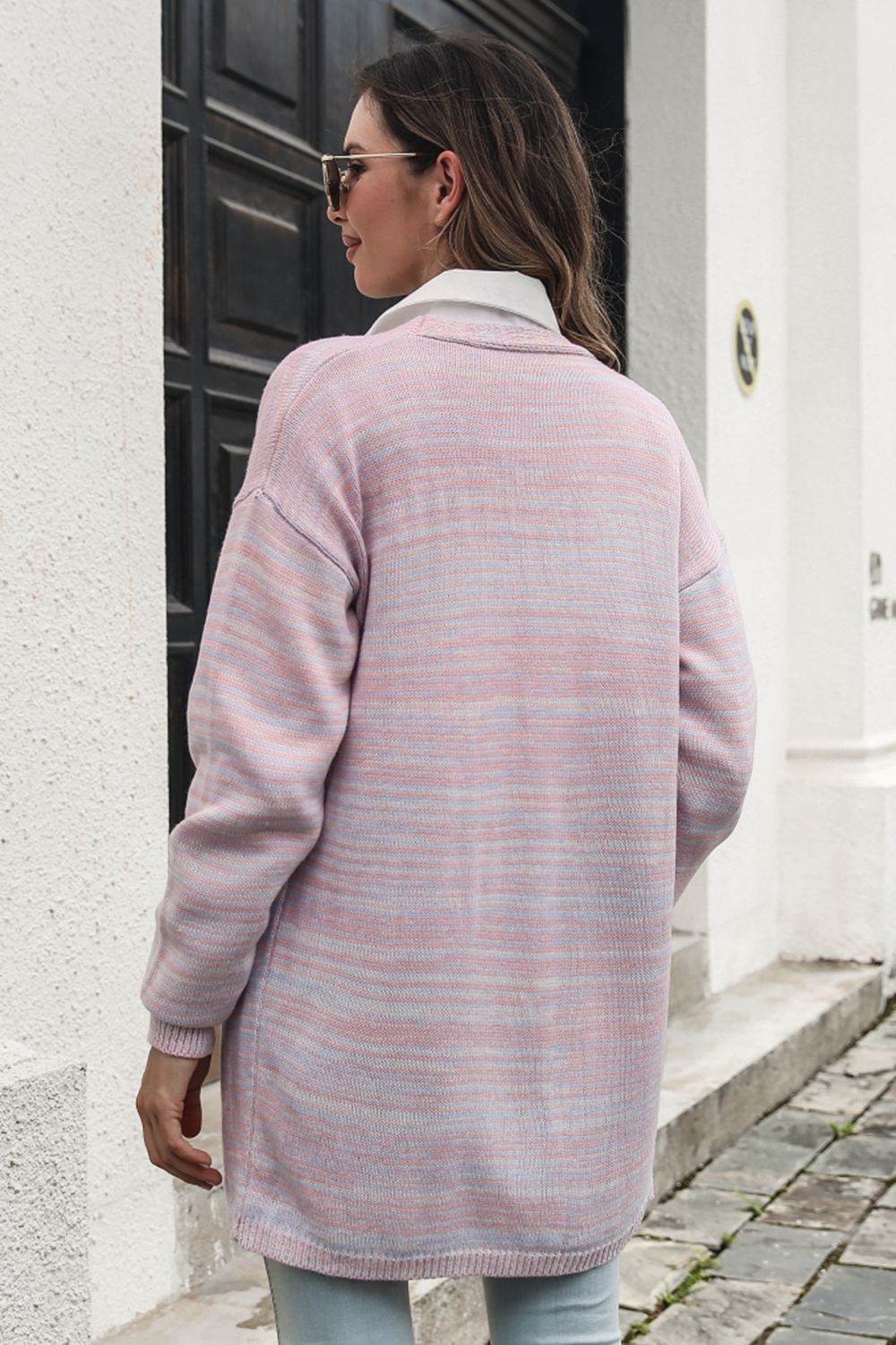 Striped Open Front Longline Cardigan - Amexza