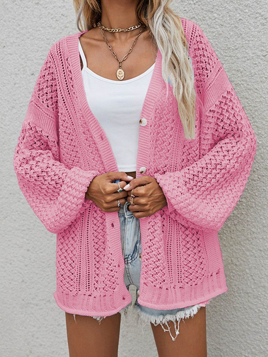 Openwork Button Front Cardigan Dusty Pink for a perfect OOTD – dress to impress outfits from Amexza