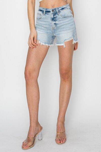 RISEN Full Size High Waist Frayed Detail Denim Shorts - Amexza