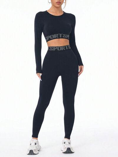 Letter Print Round Neck Long Sleeve Top and Leggings Active Set Black for a perfect OOTD – dress to impress outfits from Amexza