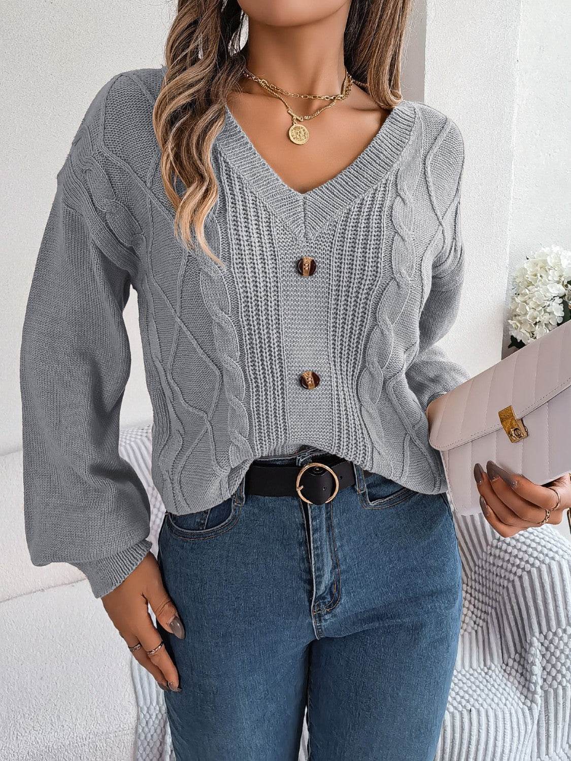 Cable-Knit Buttoned V-Neck Sweater Charcoal for a perfect OOTD – dress to impress outfits from Amexza