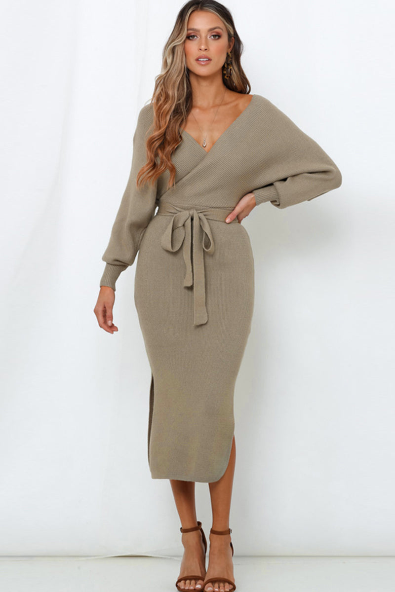 Surplice Neck Bow Waist Slit Sweater Dress Khaki for a perfect OOTD – dress to impress outfits from Amexza