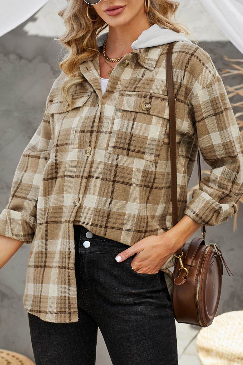 Plaid Button Up Long Sleeve Hooded Jacket for a perfect OOTD – dress to impress outfits from Amexza