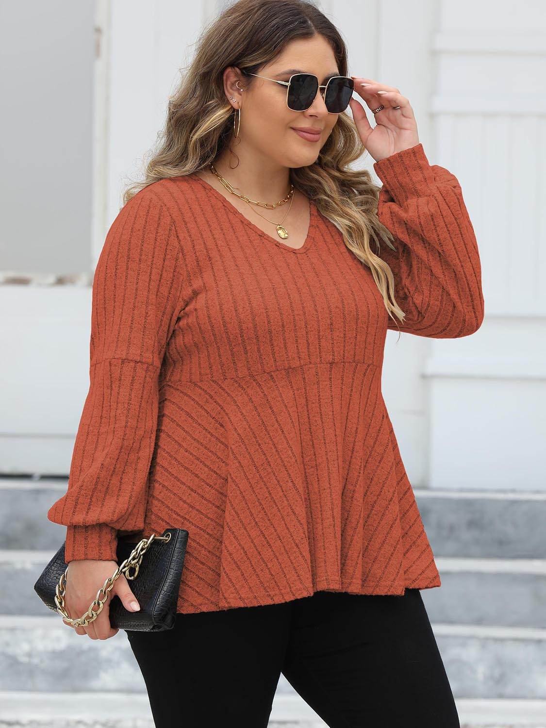 Plus Size Ribbed V-Neck Long Sleeve Blouse for a perfect OOTD – dress to impress outfits from Amexza