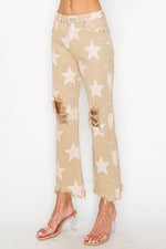 RISEN Full Size High Rise Star Printed Frayed Hem Jeans - Amexza