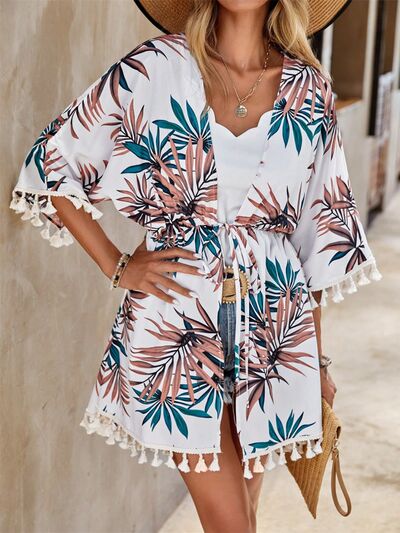 Tassel Tied Printed Half Sleeve Cover Up White One Size for a perfect OOTD – dress to impress outfits from Amexza