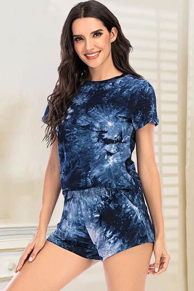 Tie-Dye Round Neck Short Sleeve Top and Shorts Lounge Set Dark Blue for a perfect OOTD – dress to impress outfits from Amexza