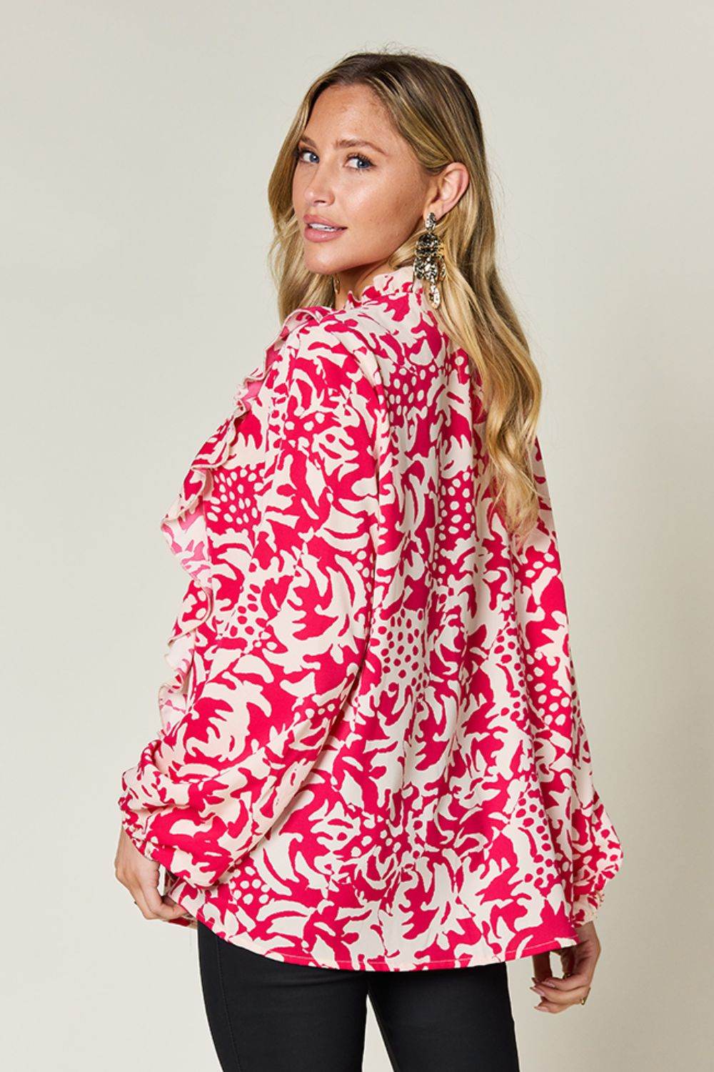 Double Take Full Size Printed Ruffle Trim Balloon Sleeve Shirt - Amexza