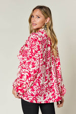 Double Take Full Size Printed Ruffle Trim Balloon Sleeve Shirt - Amexza