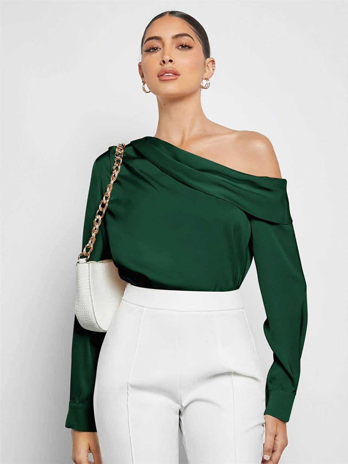 Ruched One Shoulder Long Sleeve Top Dark Green for a perfect OOTD – dress to impress outfits from Amexza