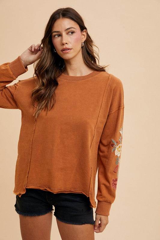 Annie Wear Embroidered Long Sleeve French Terry Top Terracotta for a perfect OOTD – dress to impress outfits from Amexza