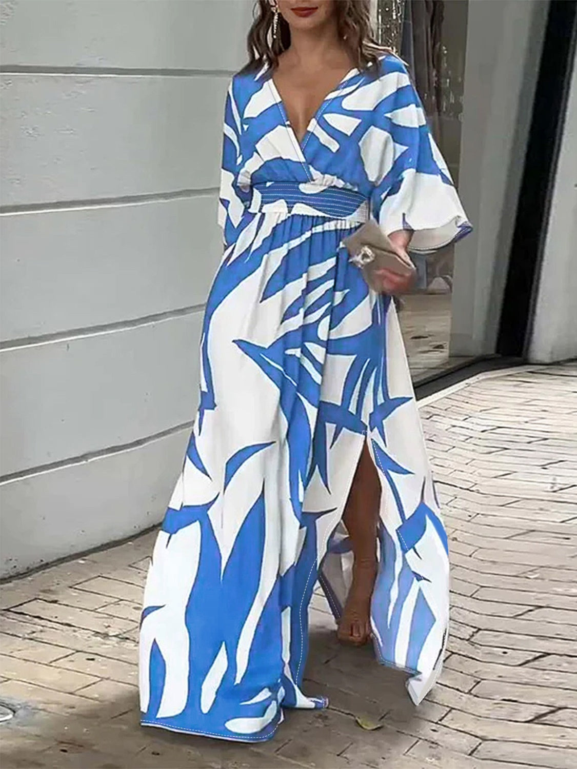 Slit Printed Surplice Maxi Dress - Blue / S