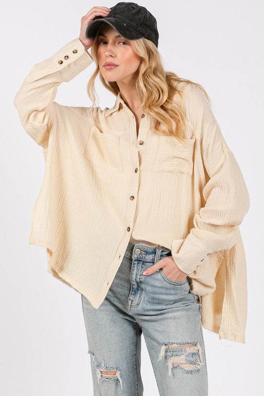 SAGE + FIG Frayed Hem Side Slit Button Down Shirt for a perfect OOTD – dress to impress outfits from Amexza