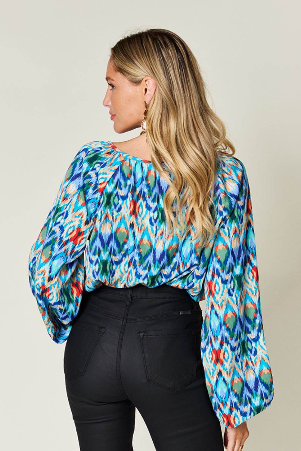 Double Take Full Size Printed Balloon Sleeve Blouse for a perfect OOTD – dress to impress outfits from Amexza