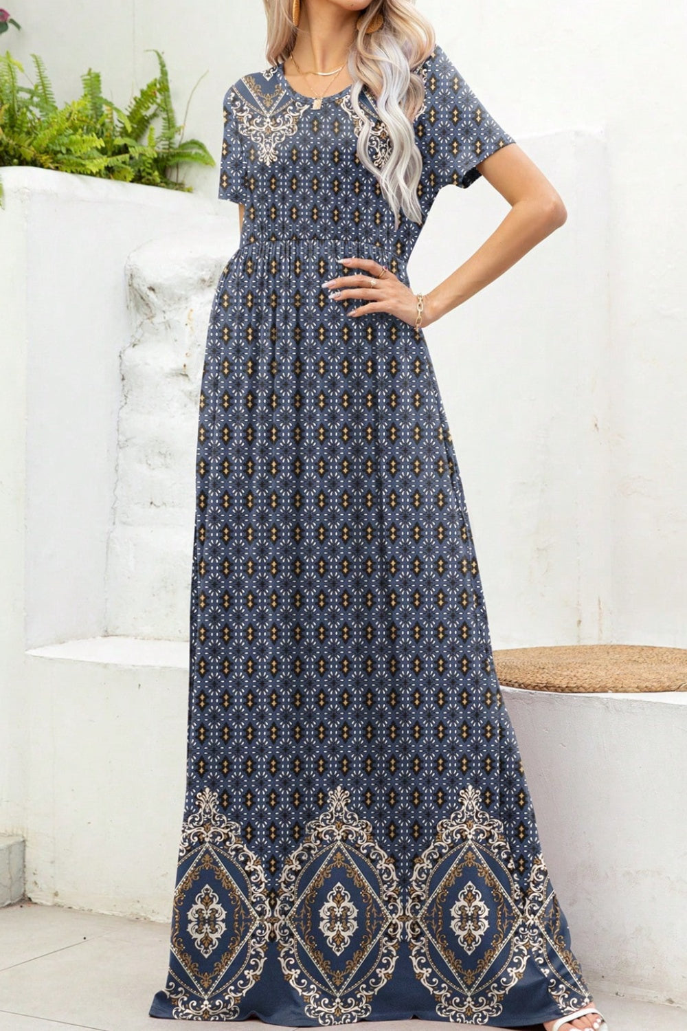 Printed Round Neck Short Sleeve Maxi Dress - French Blue / S