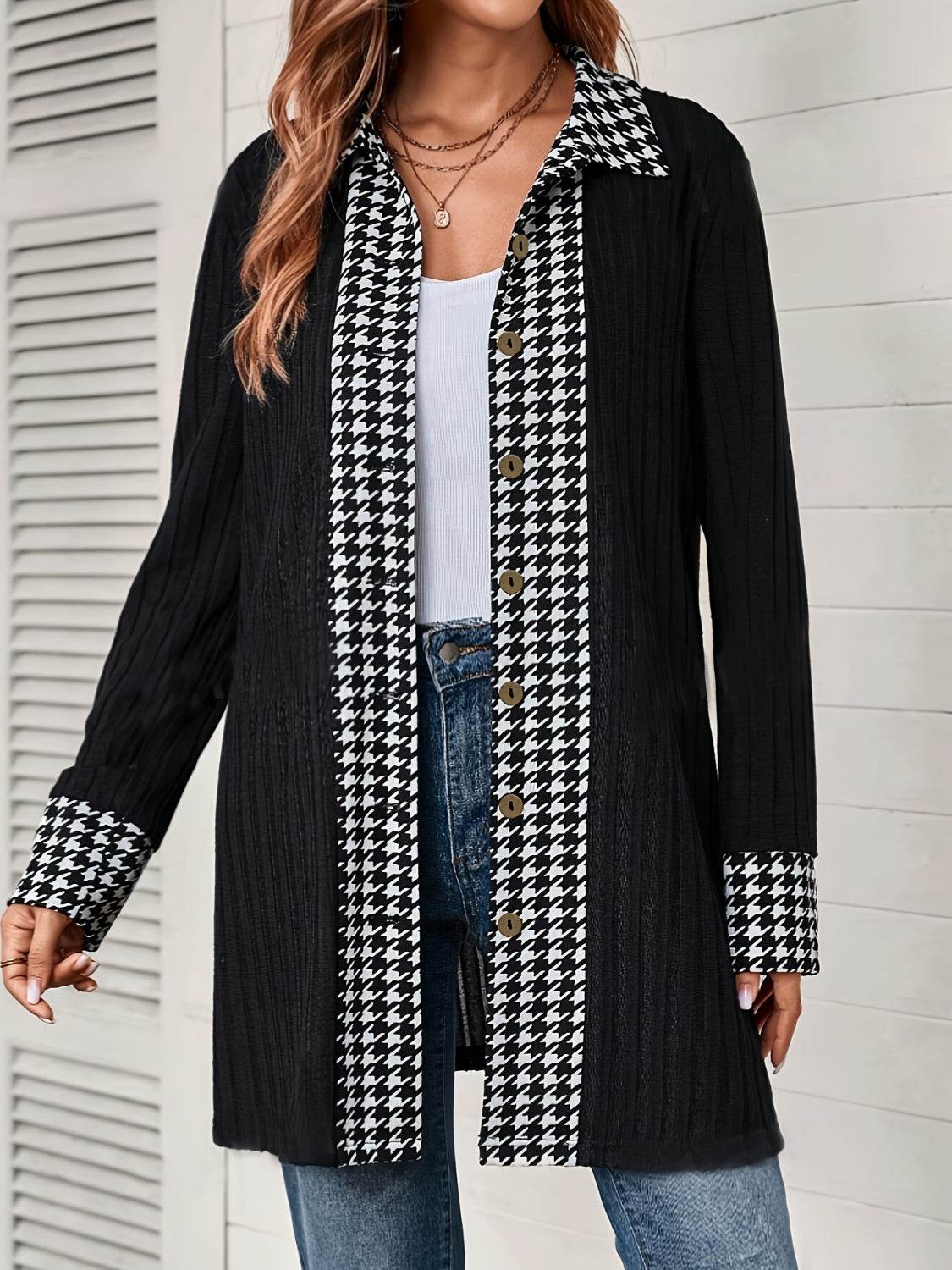 Houndstooth Button Up Long Sleeve Cardigan for a perfect OOTD – dress to impress outfits from Amexza