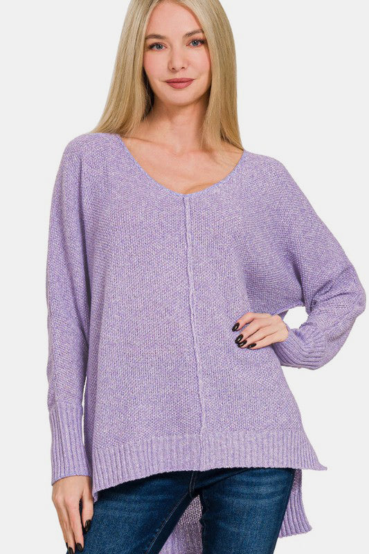 Zenana High-Low Center Seam V-Neck Sweater Lavender for a perfect OOTD – dress to impress outfits from Amexza