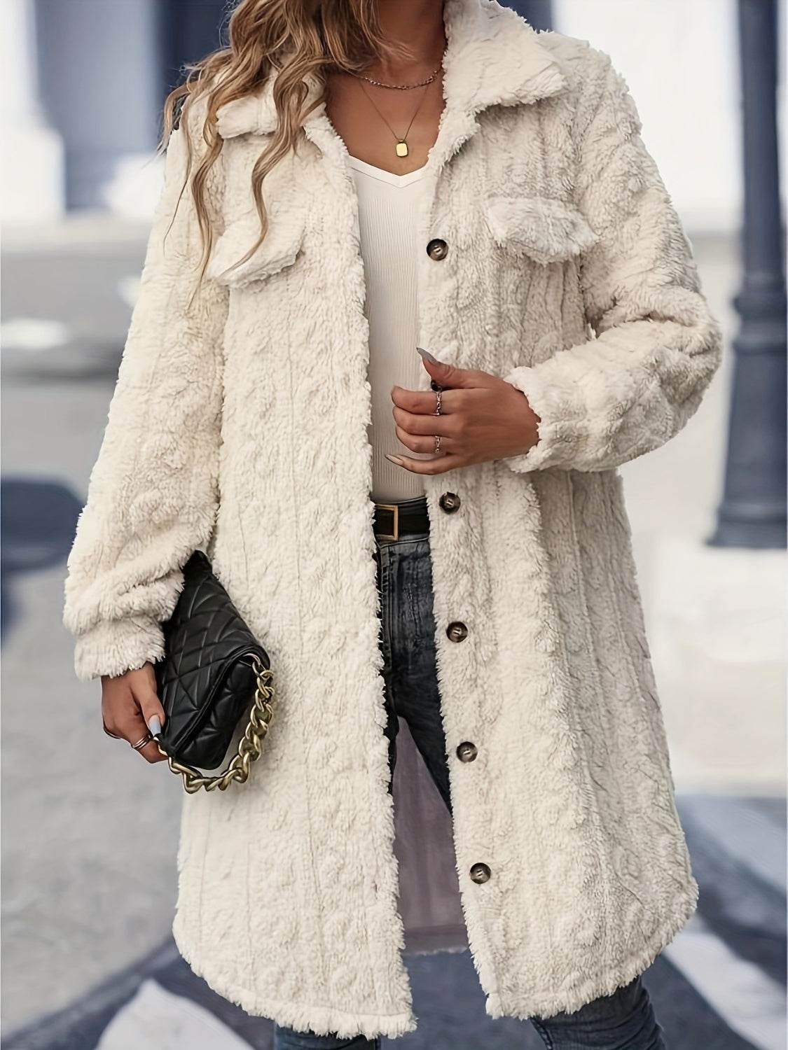 Fuzzy Button Up Long Sleeve Longline Coat Cream for a perfect OOTD – dress to impress outfits from Amexza