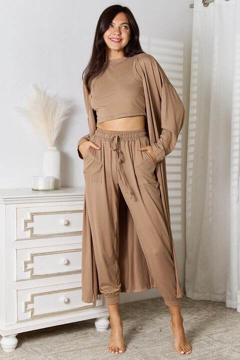 Tank, Pants, and Cardigan Set with Pockets Mocha for a perfect OOTD – dress to impress outfits from Amexza