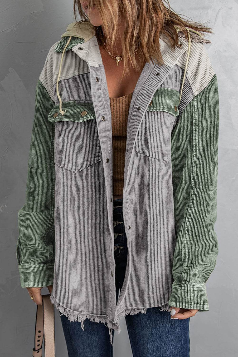 Raw Hem Snap Down Drawstring Hooded Jacket Sage for a perfect OOTD – dress to impress outfits from Amexza