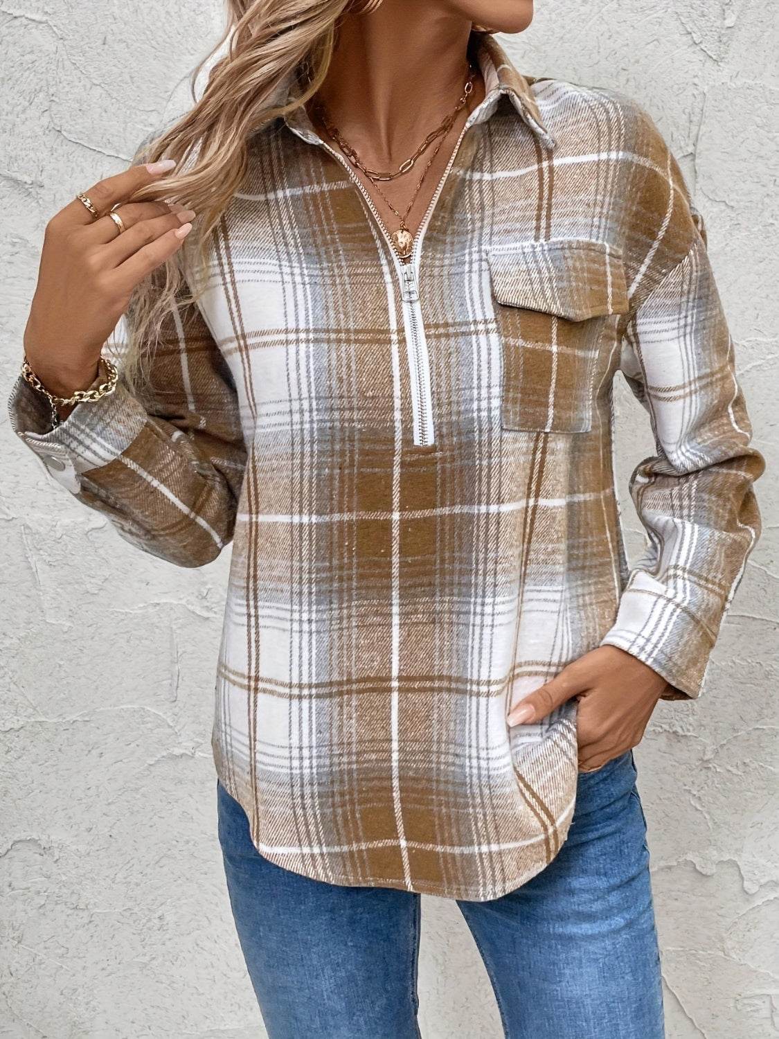 Plaid Collared Neck Half Zip Long Sleeve Top for a perfect OOTD – dress to impress outfits from Amexza