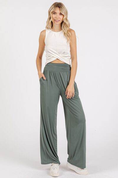 Mittoshop Stretch Banded Waist Wide Leg Pants with Pockets - Amexza