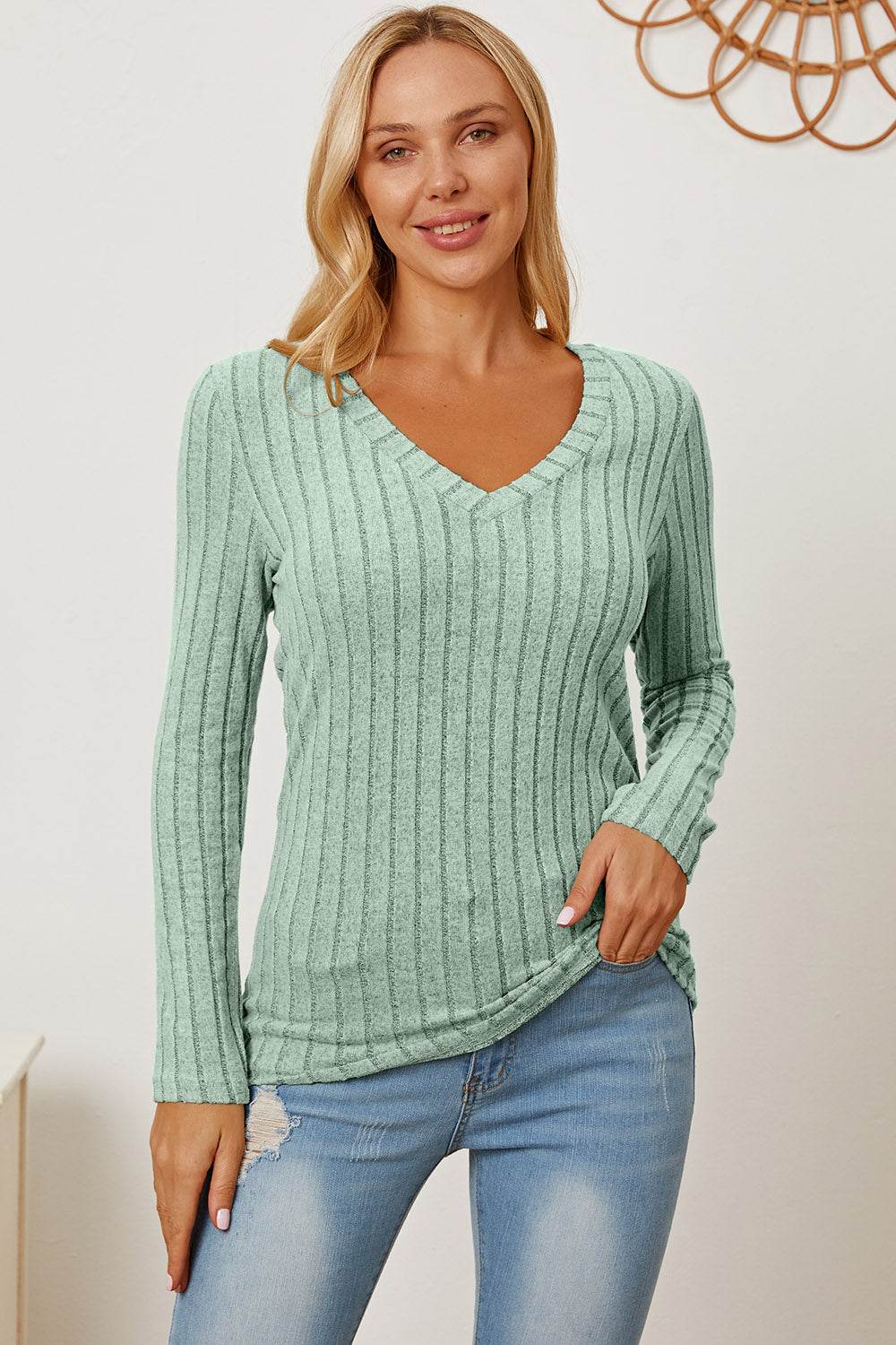 Basic Bae Full Size Ribbed V-Neck Long Sleeve T-Shirt for a perfect OOTD – dress to impress outfits from Amexza