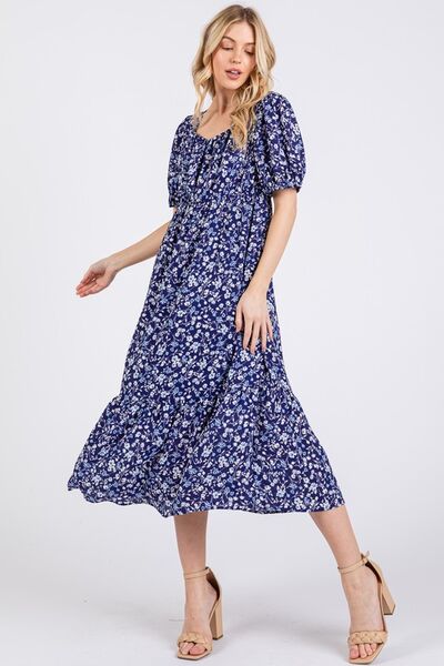 Ces Femme Floral Square Neck Puff Sleeve Midi Dress Navy for a perfect OOTD – dress to impress outfits from Amexza